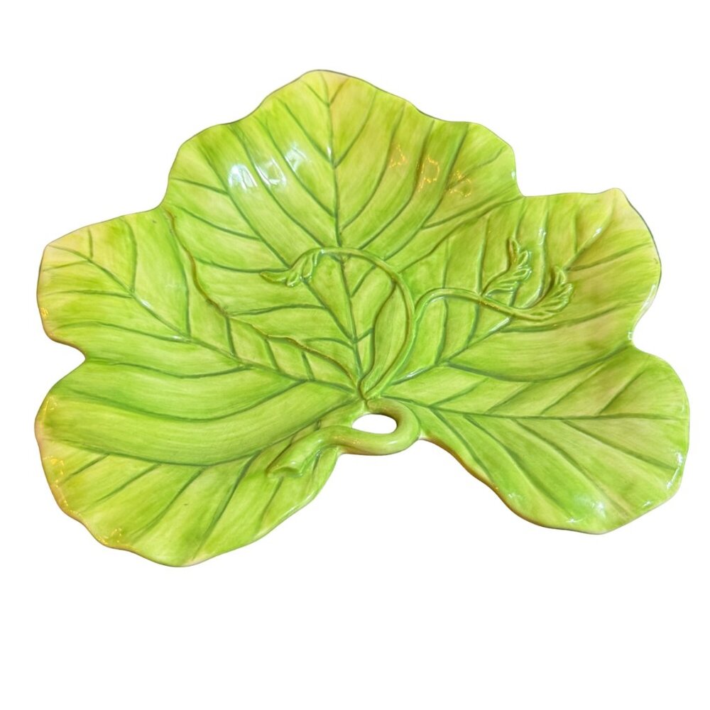 Fitz And Floyd Classics Leaf-Shaped Ceramic Serving Plate Handcrafted 10" Green